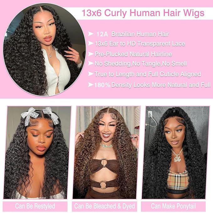 BVLBVL 20 Inch 13x6 Deep Wave Lace Front Wigs Human Hair 180 Density HD Lace Frontal Wig Pre Plucked Wet and Wavy Curly Wig, Real Human Hair No Synthetic Blend No Tangle No Shedding Triple Lifespan 3X