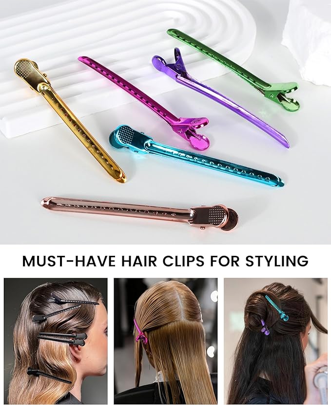 Professional Hair Clips for Styling Sectioning 12 pcs Anti-Slip No-Trace Duck Billed Hair Clips Rustproof Metal Alligator Curl Clips for Salon & Makeup,Mix color