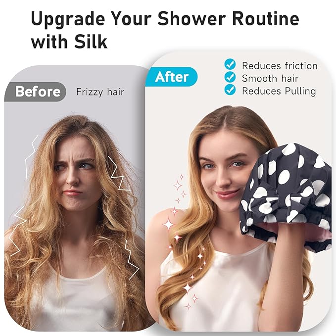 LitBear Luxury Silk Lined Shower Caps for Women Reusable Waterproof, Double Layered Large Bathing Hair Cap with Adjustable Elastic Strap, Non-slip, Quick-dry, for Long Short Hair, Black Dots