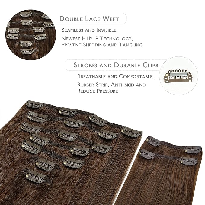 WENNALIFE Clip in Hair Extensions, 150g 14 Inch 9pcs Chocolate Brown Human Hair Extensions Thicker Clip in Hair Extensions Real Human Hair Clip Set Double Weft