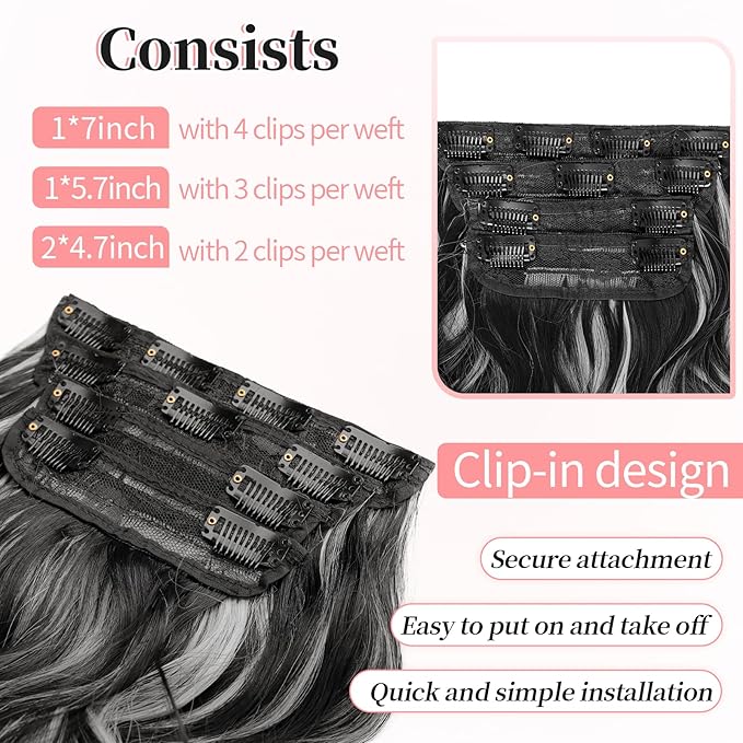 KooKaStyle Clip in Hair Extensions Long Wavy 4PCS Thick Hairpieces Synthetic Highlight Hair Extensions Black and White Mix Fiber Double Weft Natural 20Inch for Women
