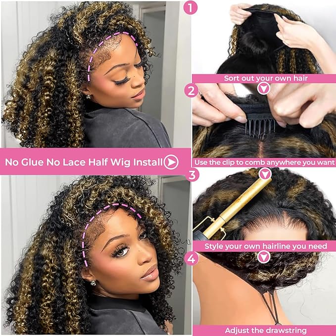 Kinky Curly Half Wig Human Hair 250% Density Ombre Wear Go Glueless Wigs Human Hair Hightlight Blonde Curly 3 In 1 Half Wigs for Women Drawstring Seamless Flip Headband Wig Beginner Friendly 16 Inch