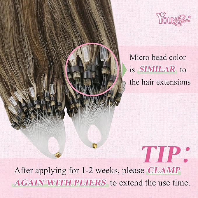 YoungSee Micro Bead Hair Extensions Real Human Hair Brown Highlight Micro Ring Hair Extensions Dark Brown Highlight Blonde Microlink Hair Extension Human Hair Beaded Hair Extension 18In 50s 50g