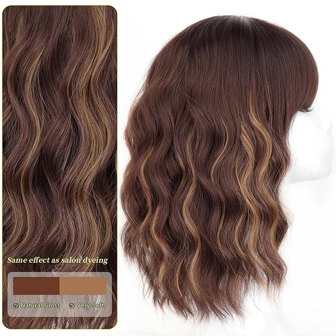 AISI HAIR Curly Bob Wig with Bangs Short Wavy Chestnut Mixed Dark Brown Color Wigs for Women Bob Style Synthetic Heat Resistant Bob Wigs