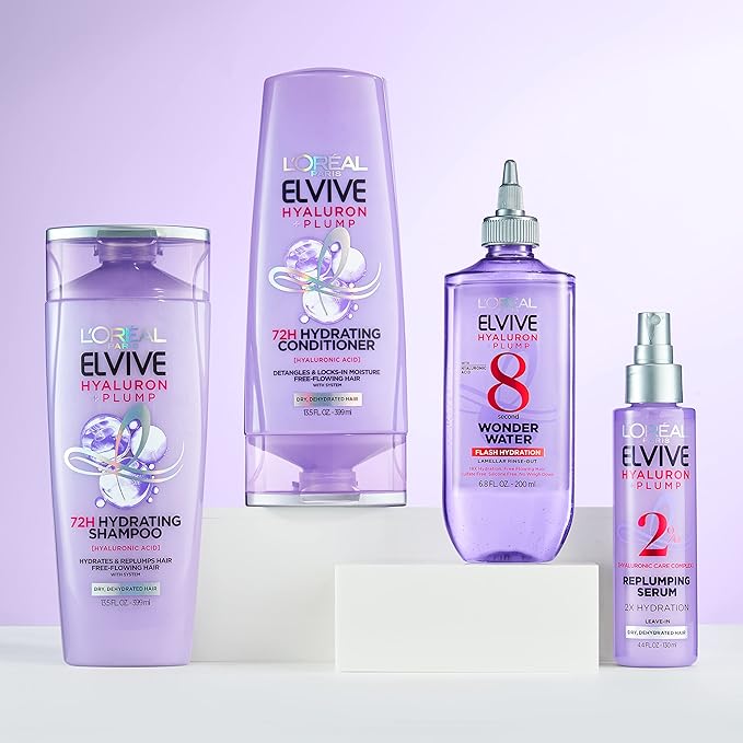 L'Oreal Paris Elvive Hyaluron Plump Flash Hydration Wonder Water Hair Rinse, 8 Second Hydrating Hair Care Treatment for Soft, Shiny Hair, 6.8 Fl Oz