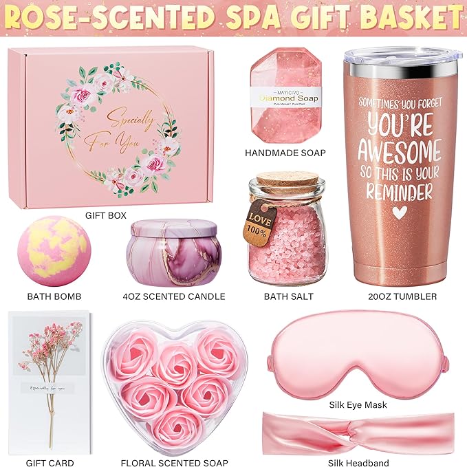Birthday Gifts for Women Friendship, Rose Relaxing Spa Gifts Basket for Women Self Care Gifts, Thank You Gifts Bath Set Christmas Gifts for Mom Her Best Friend Wife Sister Coworker Nurse Teacher