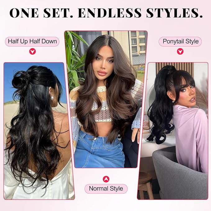 ALXNAN Clip in Hair Extensions, Black Long Wavy Hair Extensions for Women Clip Ins Soft Full Head Synthetic Hairpieces 20 Inch