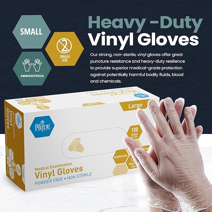MED PRIDE Medical Vinyl Examination Gloves (Large, 100-Count) Latex & Rubber Free, Ultra-Strong, Clear Disposable Powder-Free Gloves for Healthcare & Food Handling Use (Pack of 2)