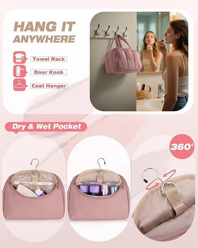 Travel Toiletry Bag for Women with Hanging Hook, Water Resistant Puffy Makeup Organizer with Leak Proof Pockets for Toiletries and Cosmetics - Dark Pink (Bag Only)