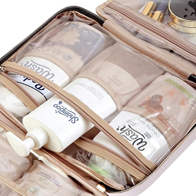 NISHEL Travel Toiletry Bag for women, Portable Hanging Organizer for Full-Sized Shampoo, Conditioner, Brushes Set, Makeup Accessories, Large Size, Pink