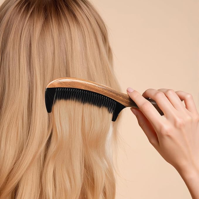 Onedor Handmade Buffalo Horn and Sandalwood Hair Combs - Anti-Static Natural Scent Wooden Detangler (Fine Tooth)