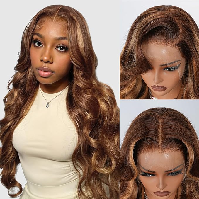 13x4 Full Frontal Lace Wig 4/27 Honey Blonde Ombre Lace Front Wigs Human Hair Skinlike HD Lace 0.10mm Ultra-thin Invisible Highlight Body Wave Lace Front Wig 24 Inch Pre plucked Baby Hair 200% density