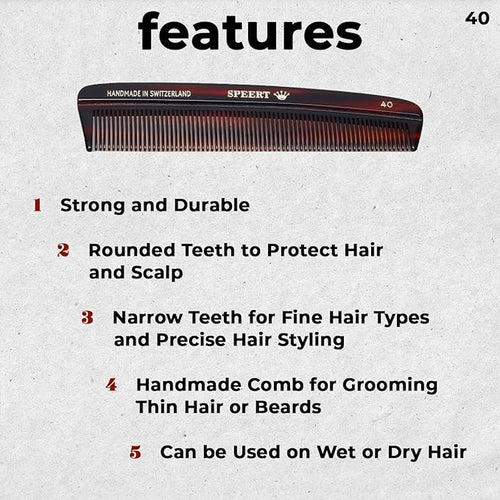 #40 Handmade Narrow Tooth Comb Tortoise Havana Acetate Fine Straight Thin Detangling Parting Grooming Teasing Hair Styling Hairdresser Barber Hairdressing Wet Dry Pocket Travel Women Men Kids