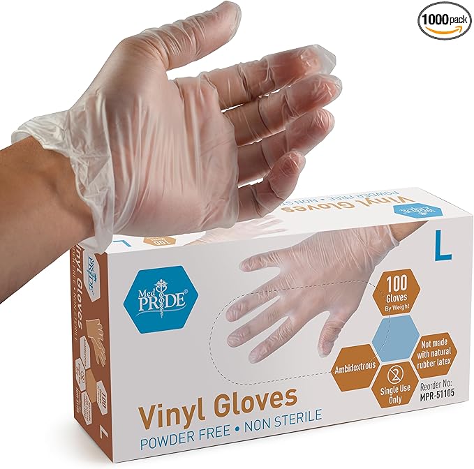 Med PRIDE Vinyl Gloves| 4.3 mil Thick, Powder-Free, Non-Sterile, Heavy Duty Disposable Gloves| Medical, Food Hand