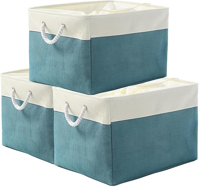 TheWarmHome Storage Bin for Shelves - Extra Jumbo 3 Pack 20.5L×15.7W×13.8H Storage Basket for Organizing, Fabrin Storage cubes with Drawstring Cover for Living Room Bedroom Decor Closet（White & Green
