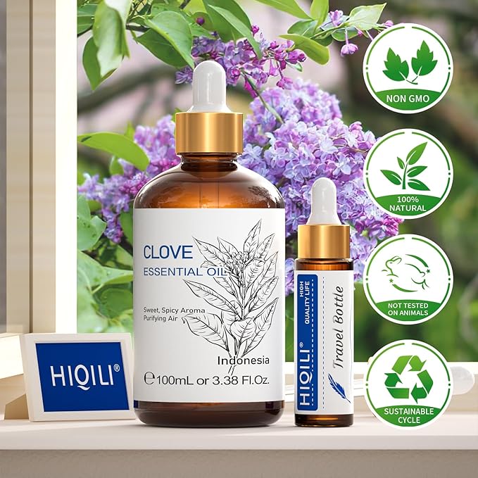 HIQILI 100ML Clove Oil for Teeth and Gums, Tooth Aches, Spray, Aromatherapy, 100% Pure Natural - 3.38 Fl Oz