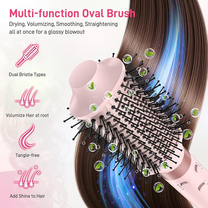 Dual Voltage Hot Air Styler Wrap - 5 in 1 Hair Dryer Brush with Fast Drying Blow Dryer, Styling, Straightening & Volumizing with Travel Bag (100V–240V) Gift for Women (Pink)