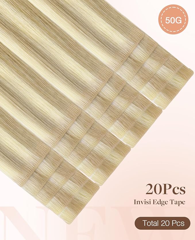 GOO GOO Invisi Edge Tape in Hair Extensions Human Hair, 18A/613A Dark Blonde Highlighted Bleach Blonde 20pcs 20inch 50g, Virgin Remy Hair, Seamless Injected Tape, Natural Look