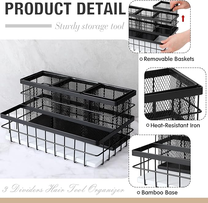 2 Pcs Hair Tool Organizer Countertop Breathable Metal & Bamboo Hot Tools Organizer Under Sink Bathroom Hair Dryer Holder Countertop Brush Comb Holder,makeup tray (White Bamboo,Black)