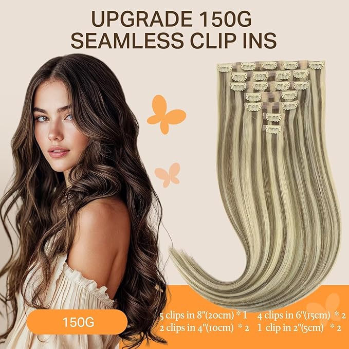 DOORES Clip in Hair Extensions, Light Brown Highlighted Medium Blonde Human Hair Extensions 22 Inch 150g 7pcs, Virgin Hair Extensions Silky Straight Thick Weft