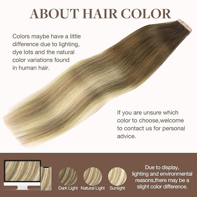 GOO GOO Tape in Hair Extensions Human Hair, 3/8/613 Walnut Brown to Ash Brown and Bleach Blonde, 18inch 100g 40pcs, Skin Weft Seamless Invisible, Silky Straight with Thick Ends, Remy Human Hair