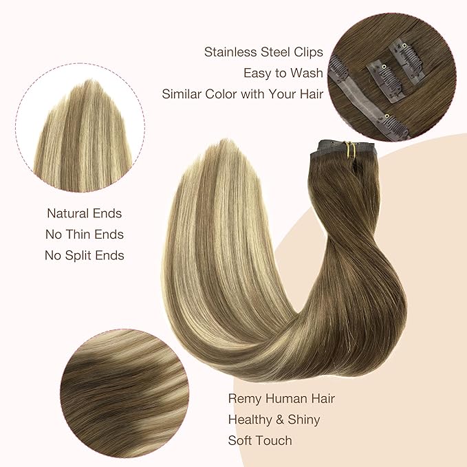 GOO GOO Clip in Hair Extensions Real Human Hair, Remy Human Hair Extensions Clip ins for Women, Natural Human Hair, 22 Inch 140g 7Pcs, 3/8/613 Balayage Walnut Brown to Ash Brown and Bleach Blonde