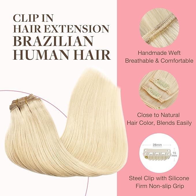 GOO GOO Clip in Hair Extensions Real Human Hair, Remy Human Hair Extensions Clip ins for Women, Natural Human Hair, 18inch 120g 7Pcs, 613R Bleach Blonde