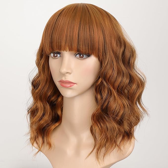 AISI HAIR Synthetic Wavy Curly Bob Wig with Bangs Cooper Blonde Short Wavy Hair for Women Synthetic Heat Resistant Bob Wigs
