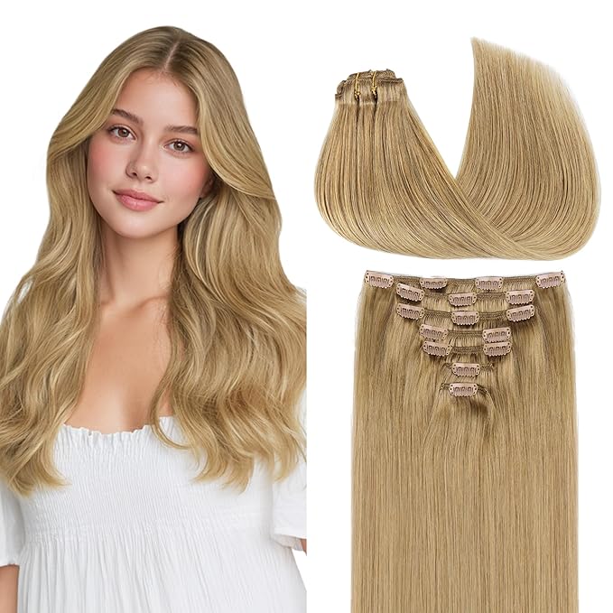 GOO GOO Clip in Hair Extensions Real Human Hair, Remy Human Hair Extensions Clip ins for Women, Natural Human Hair, 14inch 120g 7Pcs, 7 Bronde