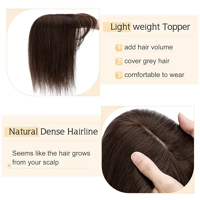 SEGO Hair Toppers for Women Real Human Hair With Bangs, 7 * 13CM Silk Base 100% Remy Human Hair Clip in Top Wiglet Hairpieces Add Volume -8 Inch 2 Dark Brown