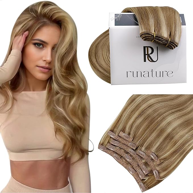 RUNATURE Clip in Hair Extensions Human Hair, 14 Inch 120g Thick Hair Extensions Clip Ins, Natural Remy Hair for Women, Natural Looking, 7pcs #10P16 Dark Blonde with Highlights
