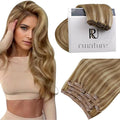 RUNATURE Clip in Hair Extensions Human Hair, 14 Inch 120g Thick Hair Extensions Clip Ins, Natural Remy Hair for Women, Natural Looking, 7pcs #10P16 Dark Blonde with Highlights