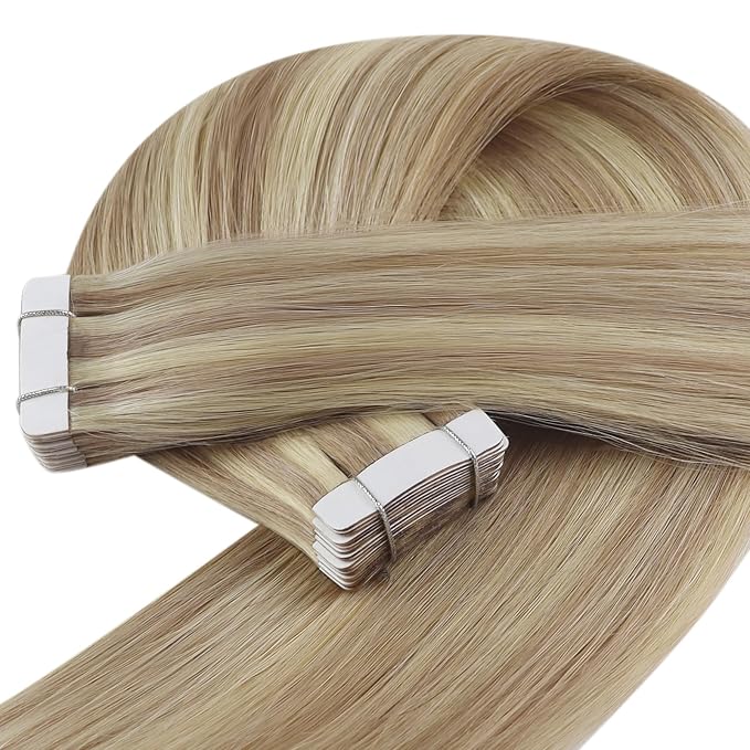 YoungSee Invisible Tape in Hair Extensions Blonde Highlight Hair Extension Tape ins Golden Blonde Highlight Real Hair Tapes on Hair Extensions Human Hair SIlky Straight 18 Inch 20pcs 50g