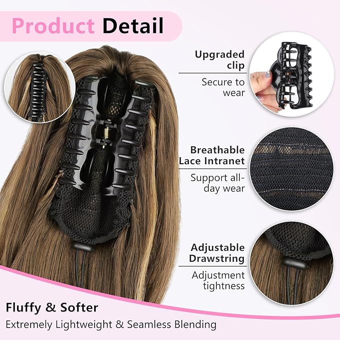 ALXNAN Claw Long Wavy Ponytail Extension,18 Inch Curly Pony Tail Clip in Hair Extensions for Women,Dark Chocolate Brown Clip on Pony Tails Hair Extensions