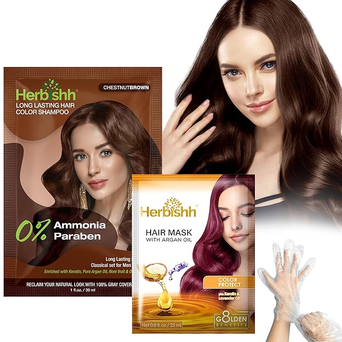 Herbishh Travel Pack Hair Dye Color Shampoo in Sachet + 1pc Argan Hair Mask Sachet (Chestnut brown, 1 sachet)