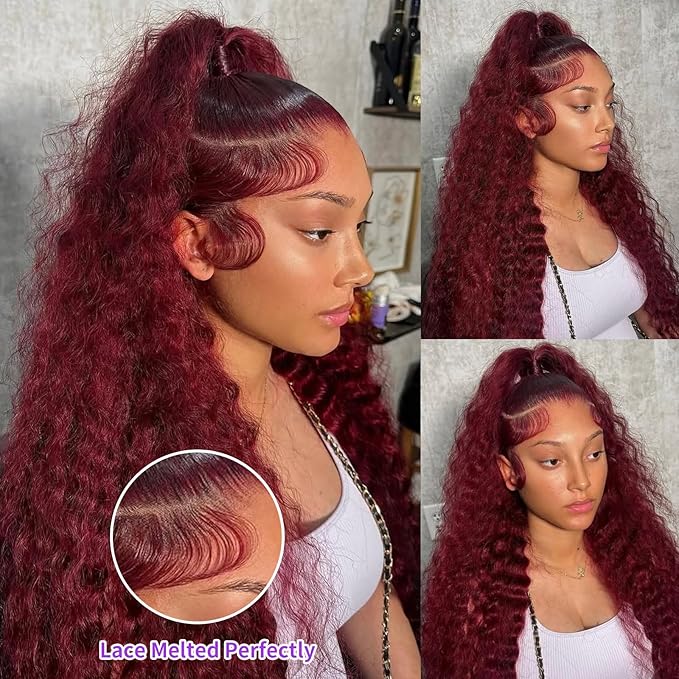 20 Inch 99J Burgundy Lace Front Wigs Human Hair Deep Wave 13x6 HD Lace Front Wigs Pre Plucked with Baby Hair Wet and Wavy Human Hair Wig 200% Density Deep Curly Frontal Wigs for Black Women