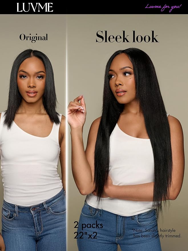 LUVME Yaki Straight Seamless 110g 7Pcs Clip in Hair Extensions Full Max with 16inch Remy Human Hair Extensions, Natural Black 100% Real Soft Hair