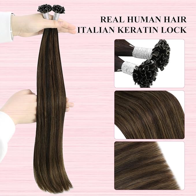 YoungSee Utip Hair Extensions Human Hair Brown Balayage U Tip Human Hair Extensions Ombre Dark Brown to Browns Hot Fusion Hair Extension 22In Ktip Extensions 1G/S 50G for Long Hair