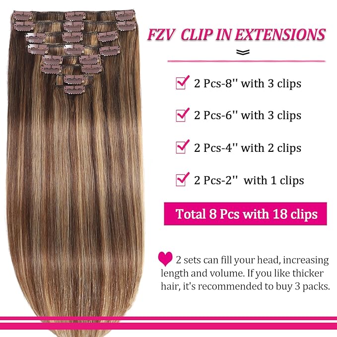 Kinky Straight Clip in Hair Extensions Real Human Hair Extensions 110g 8Pcs Soft Chocolate Brown to Honey Blonde Real Human Hair for Women Natural Hair Clip in Hair Extensions 16 Inch (4/27)