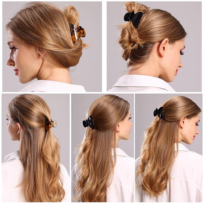 Womens Hair Clips Medium Claw Clips Tortoise Hair Jaw Clips Celluloid Hair Claw Clamps Acetate Hair Clip 3 Pack,Tortoise Shell/Black/Brown