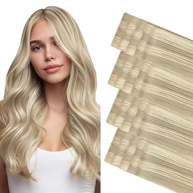 GOO GOO Invisi Edge Tape in Hair Extensions Human Hair, 17A/60A Ash Blonde Highlighted Platinum Blonde, 20pcs 14inch 50g, Virgin Remy Hair, Seamless Injected Tape, Natural Look