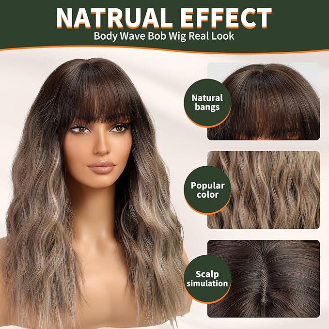 Brown Wig with Bangs,Brown Highlight Synthetic Shoulder Length Curly Wavy Wigs for Women Party Daily Use 18IN