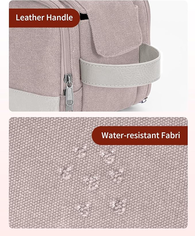 WANDF Toiletry Bag for Men Travel Toiletry Organizer Canvas and Leather Dopp Kit Water-Resistant Shaving Bag for Travel Accessories (Light Pink, Large)