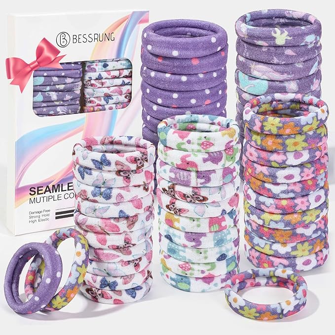 Bessrung 50 PCS Seamless Hair Ties, No Damage Elastics Hair Ties for Women Girls, Soft Stretchy Ponytail Holders for Thin Thick Hair, Snag-Free Hair Bands Stocking Stuffers Christmas Gift(Purple)