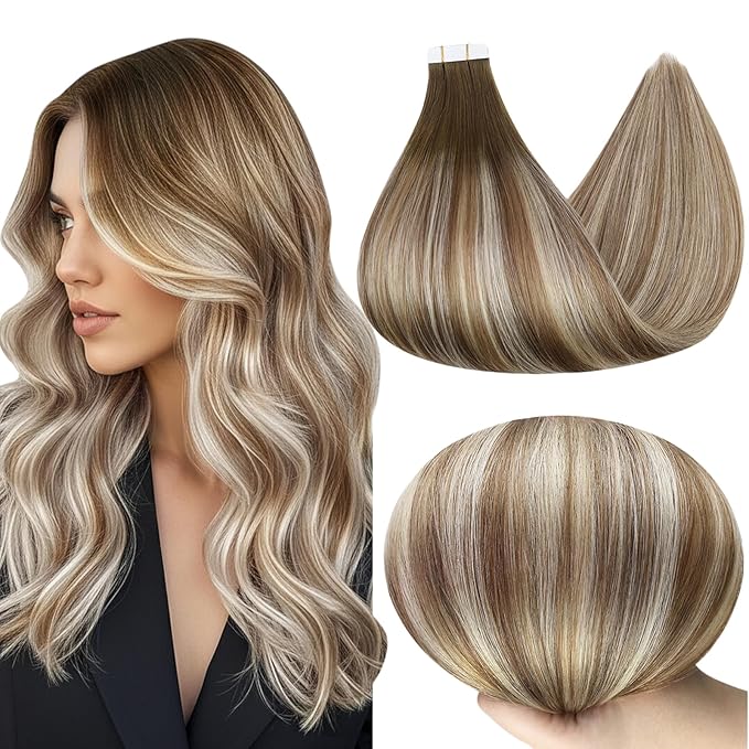 Full Shine Balayage Tape in Hair Extensions Human Hair Color Dark Brown to Ash Brown and Blonde 3/8/22 Tape in Extension Glue 18 INCH Add Length 40PCS 100G for Daily Wear