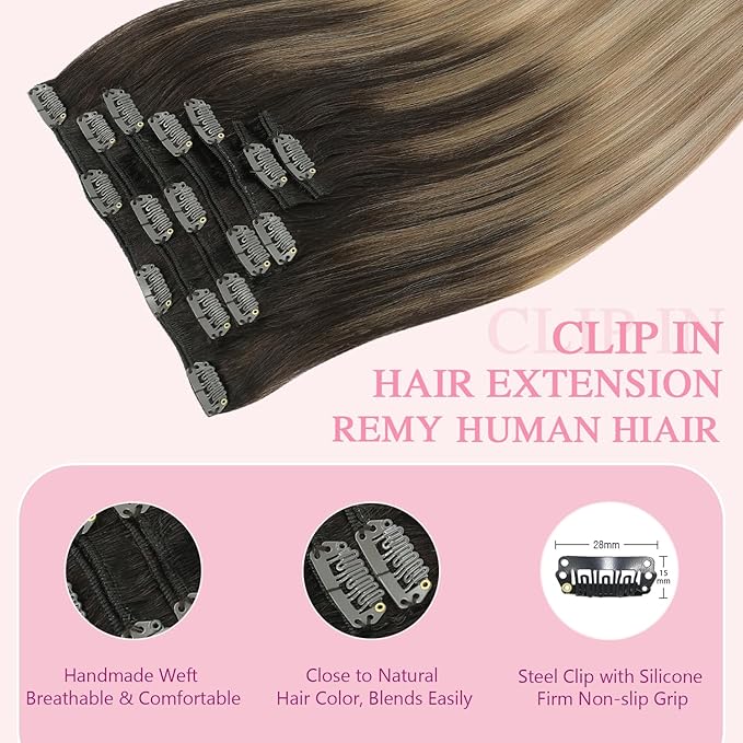 PINKPEARL Clip in Hair Extensions Real Human Hair #2/6/18 Balayage Dark Brown to Chestnut Brown and Ash Blonde 7pcs 120g 18inch Ombre Remy Human Hair Extensios Clip ins(#2/6/18-18)