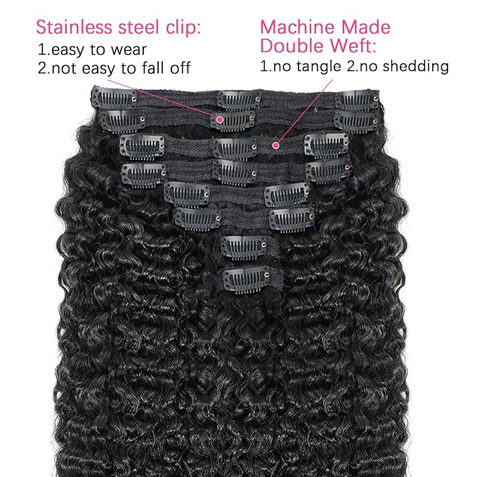 Burmese Curly Clip in Hair Extensions #1B Natural Black Color Curly Clip ins For Women Brazilian Virgin Clip on Hair(20inch,#1B)