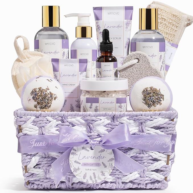Christmas Birthday Gifts for Women, Lavender Relaxing Spa Gift Baskets for Women Self Care Package Bath Gift Set, Home Bath and Body Kit Pamper Gifts for Womens Mom Her Friends Sister Wife Girlfriend