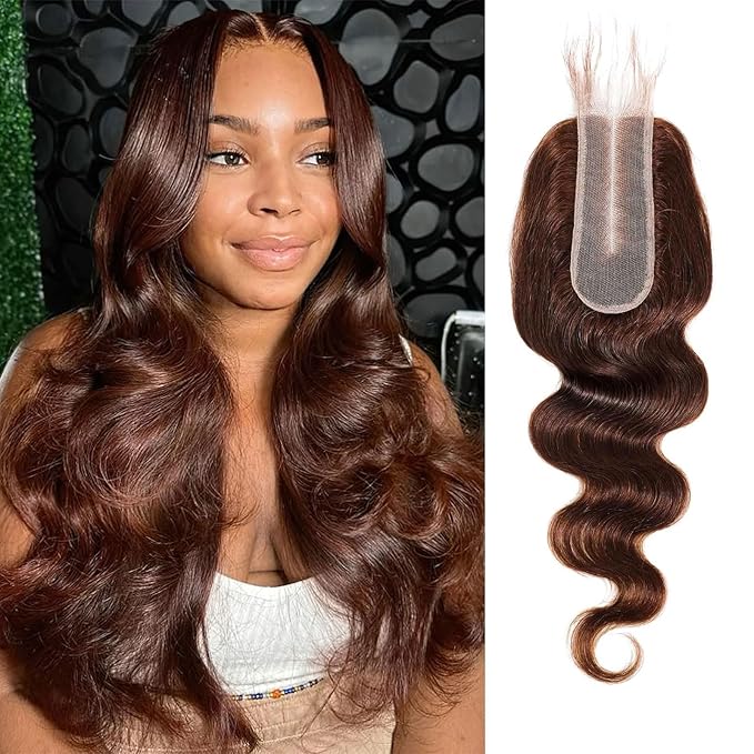 2x6 HD Lace Closure Human Hair Body Wave 4# Chocolate Brown Color Transparent Lace Closure 2x6 Long Deep Middle Part 100% Raw Virgin Human Hair 14 Inch 150% Density