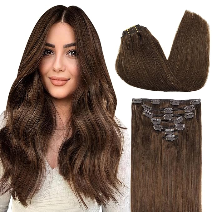 GOO GOO Clip in Hair Extensions Real Human Hair, Remy Human Hair Extensions Clip ins for Women, Natural Human Hair, 20inch 160g 7Pcs, #4A Chocolate Brown
